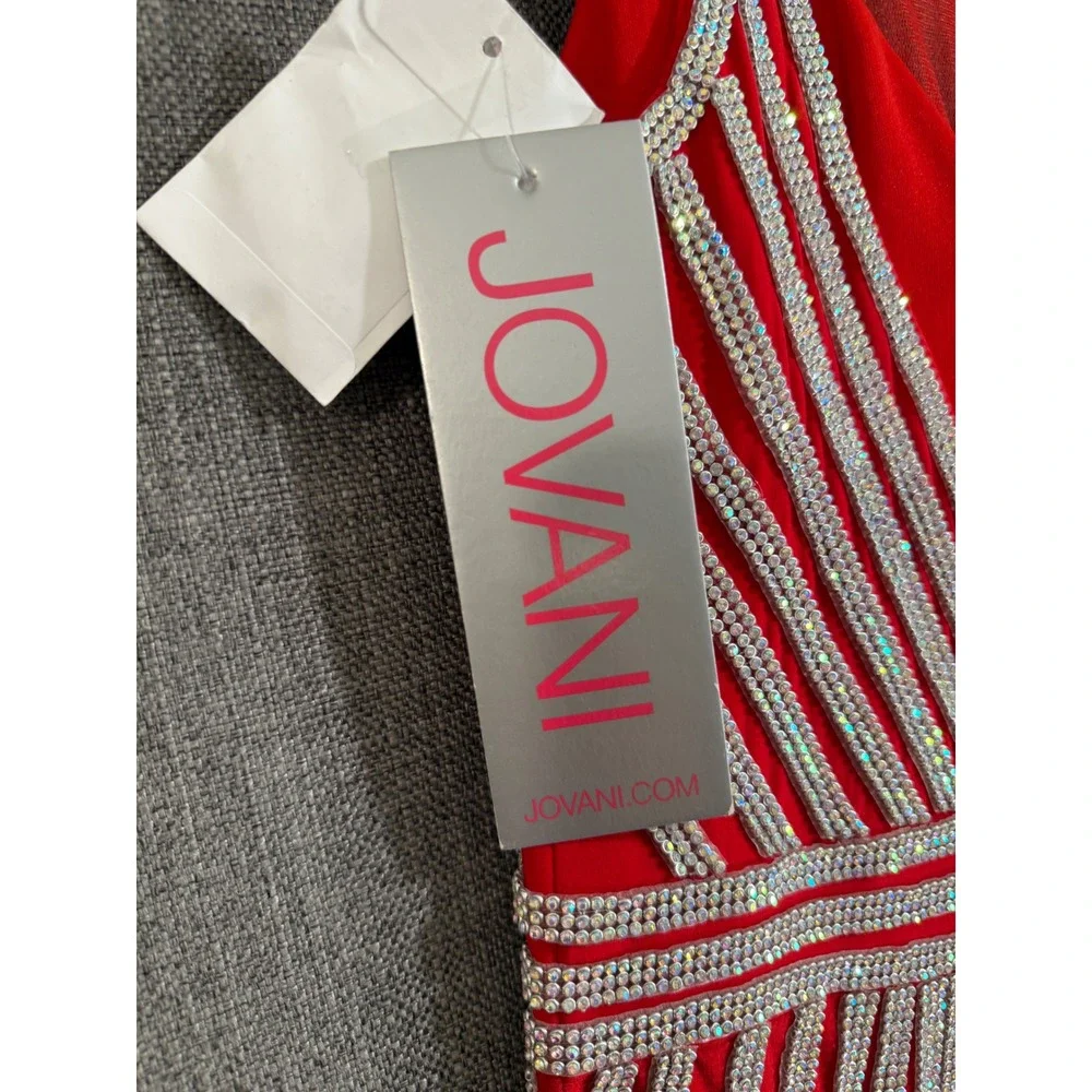 JOVANI Red Sequin Beaded Halter Neck Prom Formal Gown Dress - Picture 8 of 14